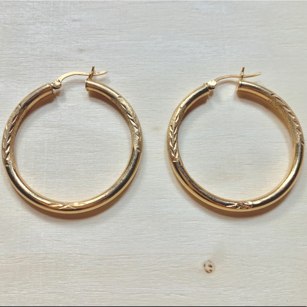 14k Gold Etched Hoop Earrings